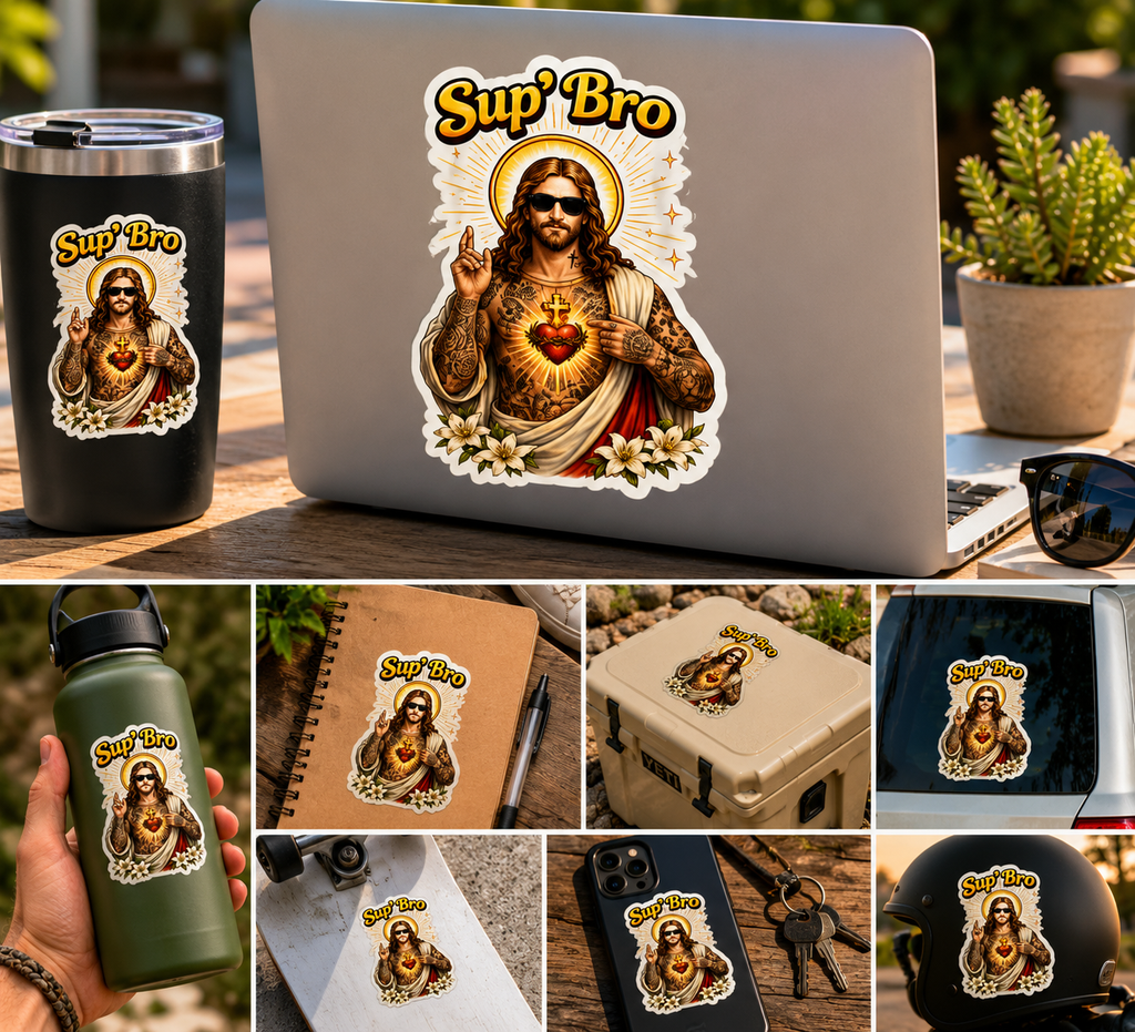 Sup Bro Jesus Sticker Funny Christian Decal Waterproof Vinyl Sticker Tattooed Jesus Laptop Sticker Faith Humor Car Decal Religious Gift