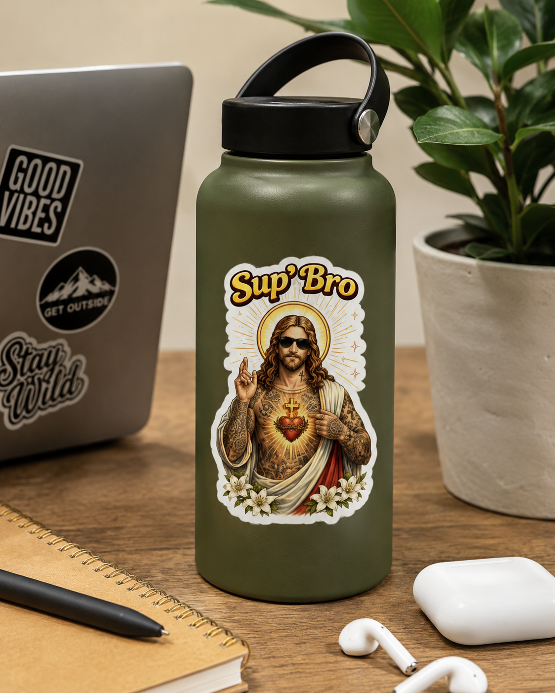 Sup Bro Jesus Sticker Funny Christian Decal Waterproof Vinyl Sticker Tattooed Jesus Laptop Sticker Faith Humor Car Decal Religious Gift