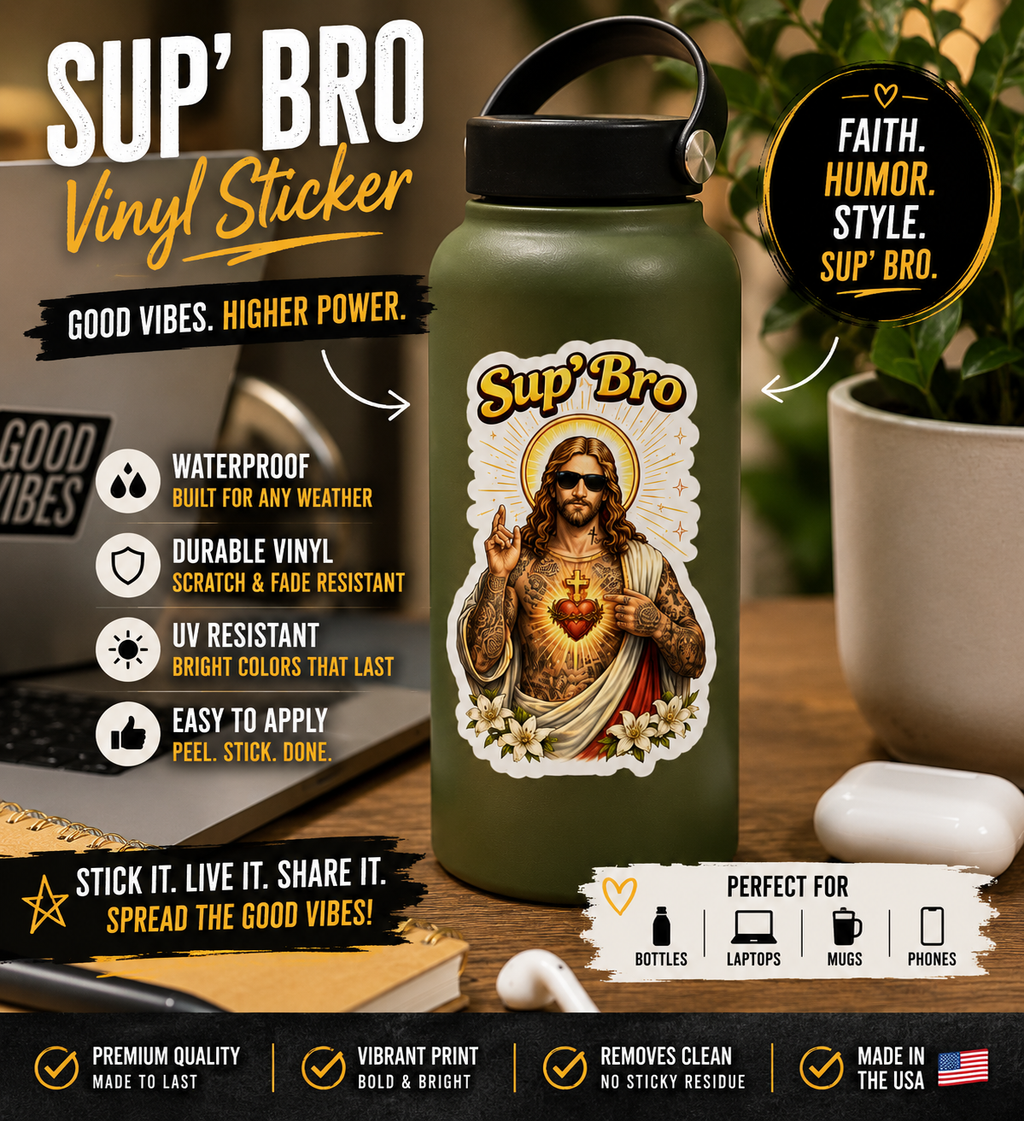 Sup Bro Jesus Sticker Funny Christian Decal Waterproof Vinyl Sticker Tattooed Jesus Laptop Sticker Faith Humor Car Decal Religious Gift