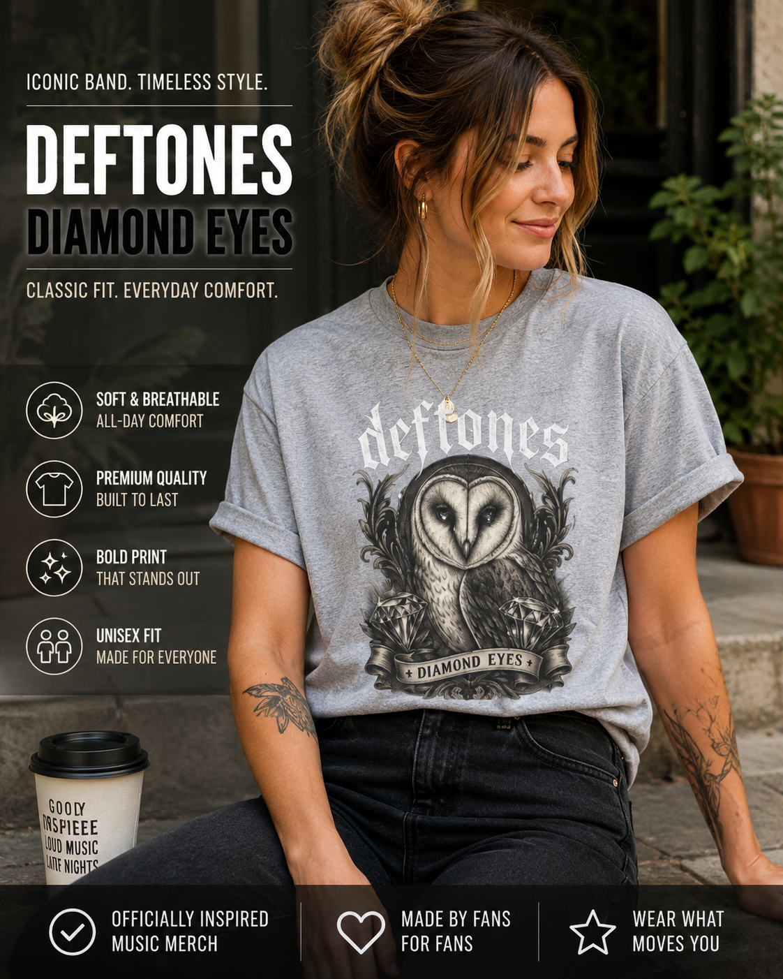 Deftones Diamond Eyes Owl Shirt Vintage Tattoo Style Band Tee Gothic Barn Owl Graphic T Shirt Alternative Streetwear Unisex Tee