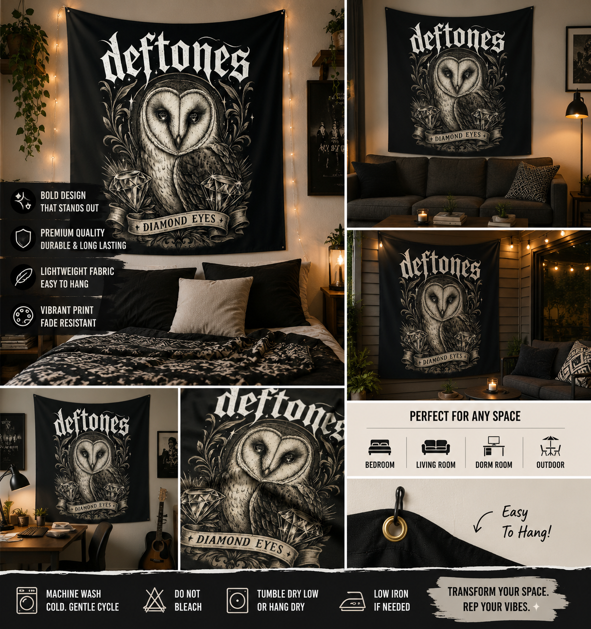 Deftones Diamond Eyes Tapestry Gothic Owl Wall Hanging Alternative Room Decor Dark Aesthetic Bedroom Dorm Music Room Tapestry