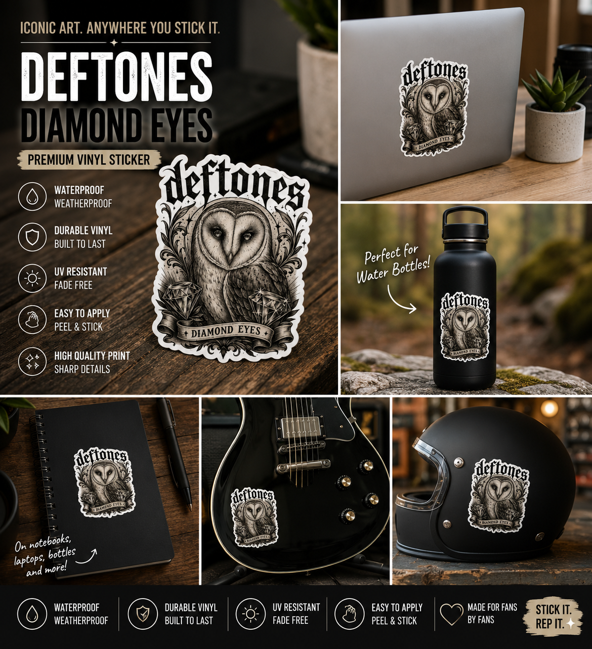 Deftones Diamond Eyes Sticker Gothic Owl Vinyl Decal Alternative Band Inspired Waterproof Laptop Water Bottle Sticker