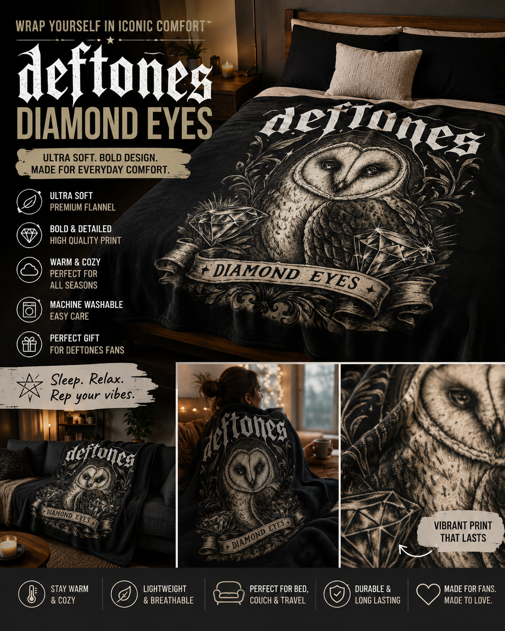 Deftones Diamond Eyes Blanket Gothic Owl Throw Cozy Alternative Home Decor Soft Plush Music Inspired Blanket