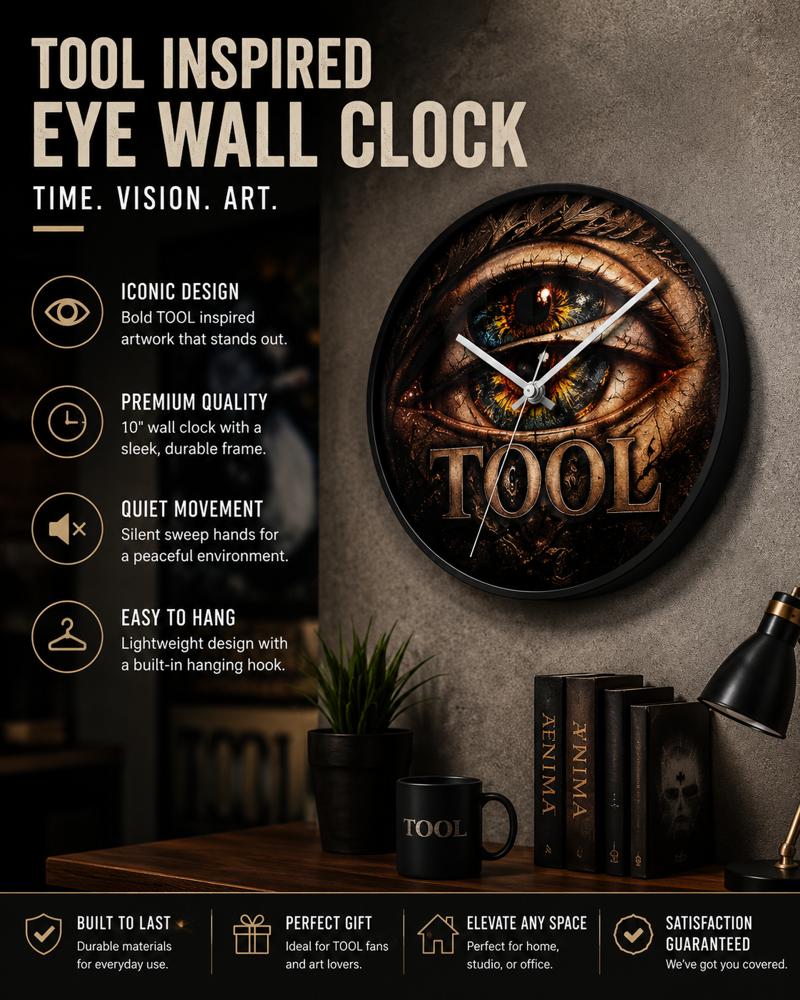 TOOL Inspired Eye Wall Clock 10 Inch Dark Aesthetic Clock Prog Rock Wall Decor Gothic Eye Clock Alternative Room Decor Gift for Music Fans