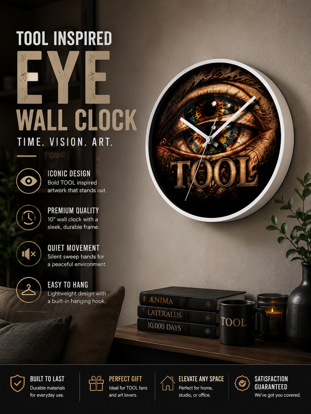 TOOL Inspired Eye Wall Clock 10 Inch Dark Aesthetic Clock Prog Rock Wall Decor Gothic Eye Clock Alternative Room Decor Gift for Music Fans
