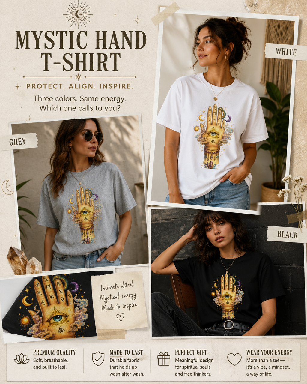 Mystical Hand Graphic Tee Boho Spiritual Shirt Celestial Eye T Shirt Witchy Aesthetic Unisex Graphic Tee Trendy Festival Clothing