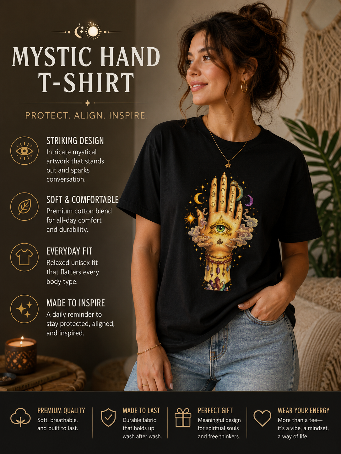 Mystical Hand Graphic Tee Boho Spiritual Shirt Celestial Eye T Shirt Witchy Aesthetic Unisex Graphic Tee Trendy Festival Clothing