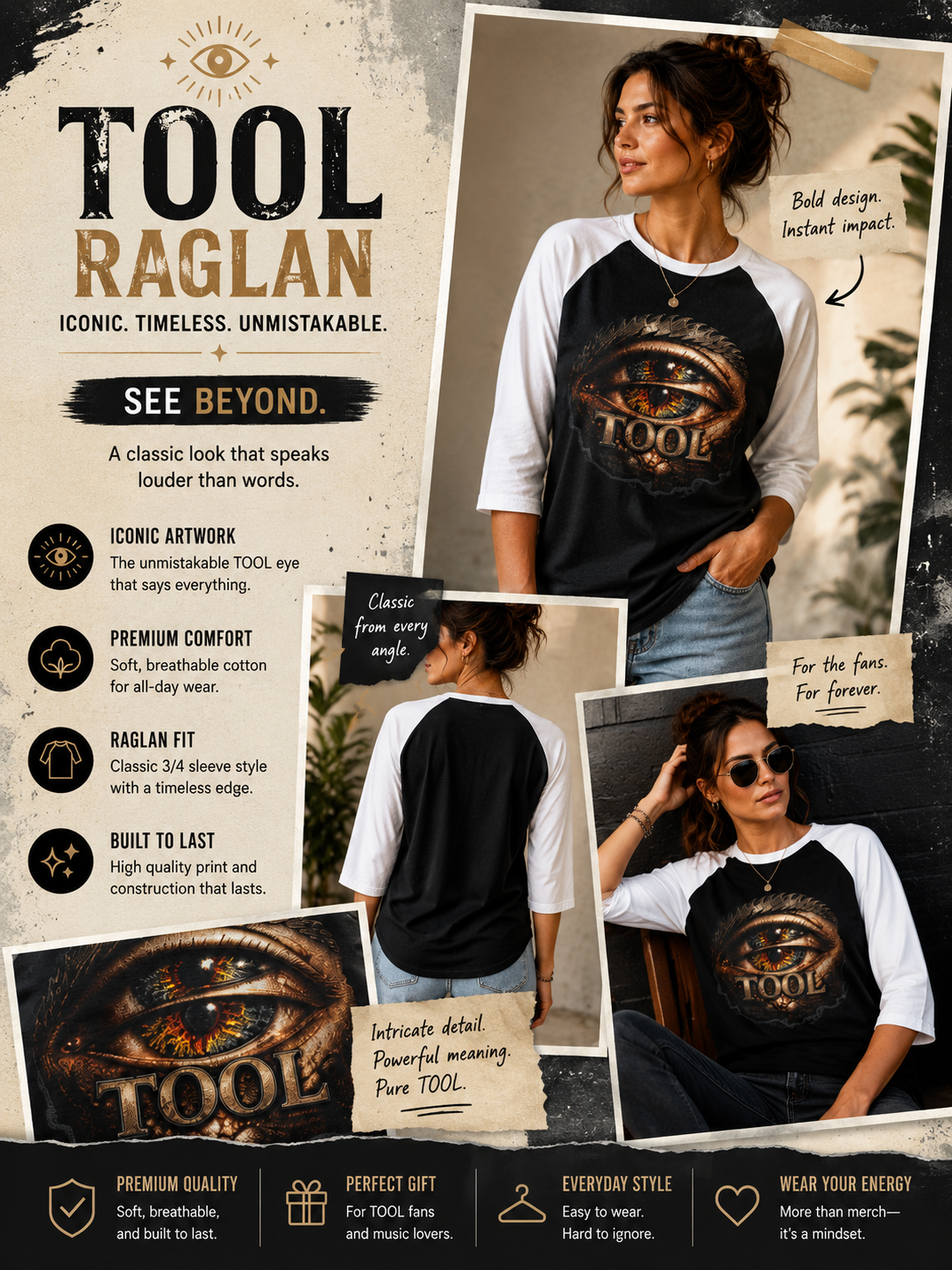 Tool Inspired Eye Graphic Raglan Shirt Alternative Rock Baseball Tee Dark Aesthetic Unisex Band Inspired Long Sleeve Shirt