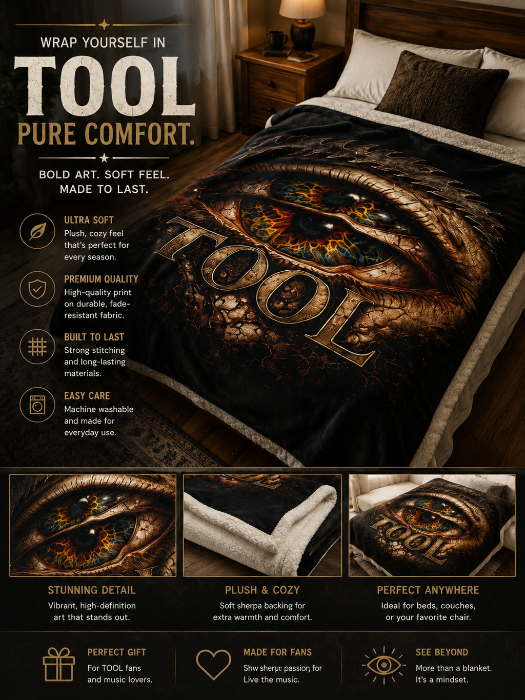 TOOL Inspired Plush Blanket Dark Aesthetic Throw Blanket Gothic Music Fan Blanket Alternative Bedroom Decor Couch Blanket Gift
