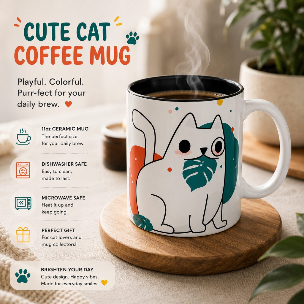 Cute Cat Coffee Mug  Playful White Cat with Tropical Leaf Accent 11oz 15oz