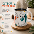 Cute Cat Coffee Mug  Playful White Cat with Tropical Leaf Accent 11oz 15oz