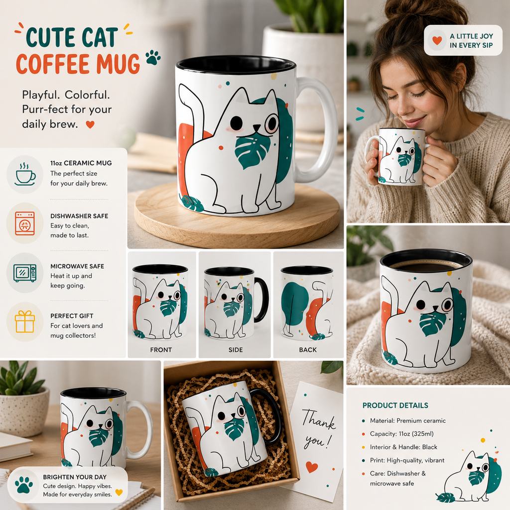 Cute Cat Coffee Mug  Playful White Cat with Tropical Leaf Accent 11oz 15oz
