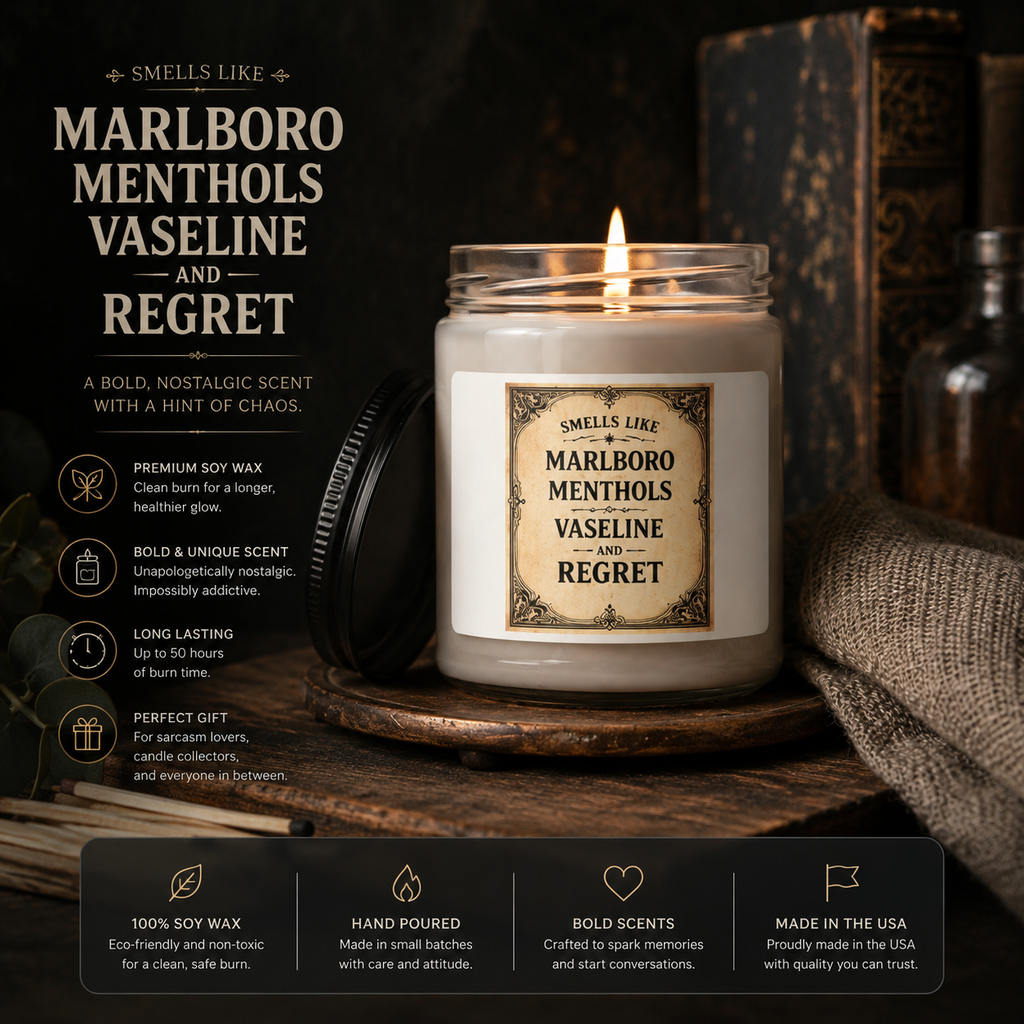 Funny Soy Candle | Smells Like Marlboro Menthols Vaseline and Regret | Adult Humor Gift | Gag Gift for Her Him | Sarcastic Candle 9oz