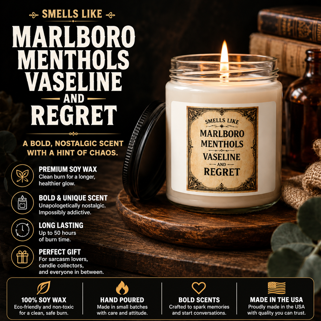 Funny Soy Candle | Smells Like Marlboro Menthols Vaseline and Regret | Adult Humor Gift | Gag Gift for Her Him | Sarcastic Candle 9oz