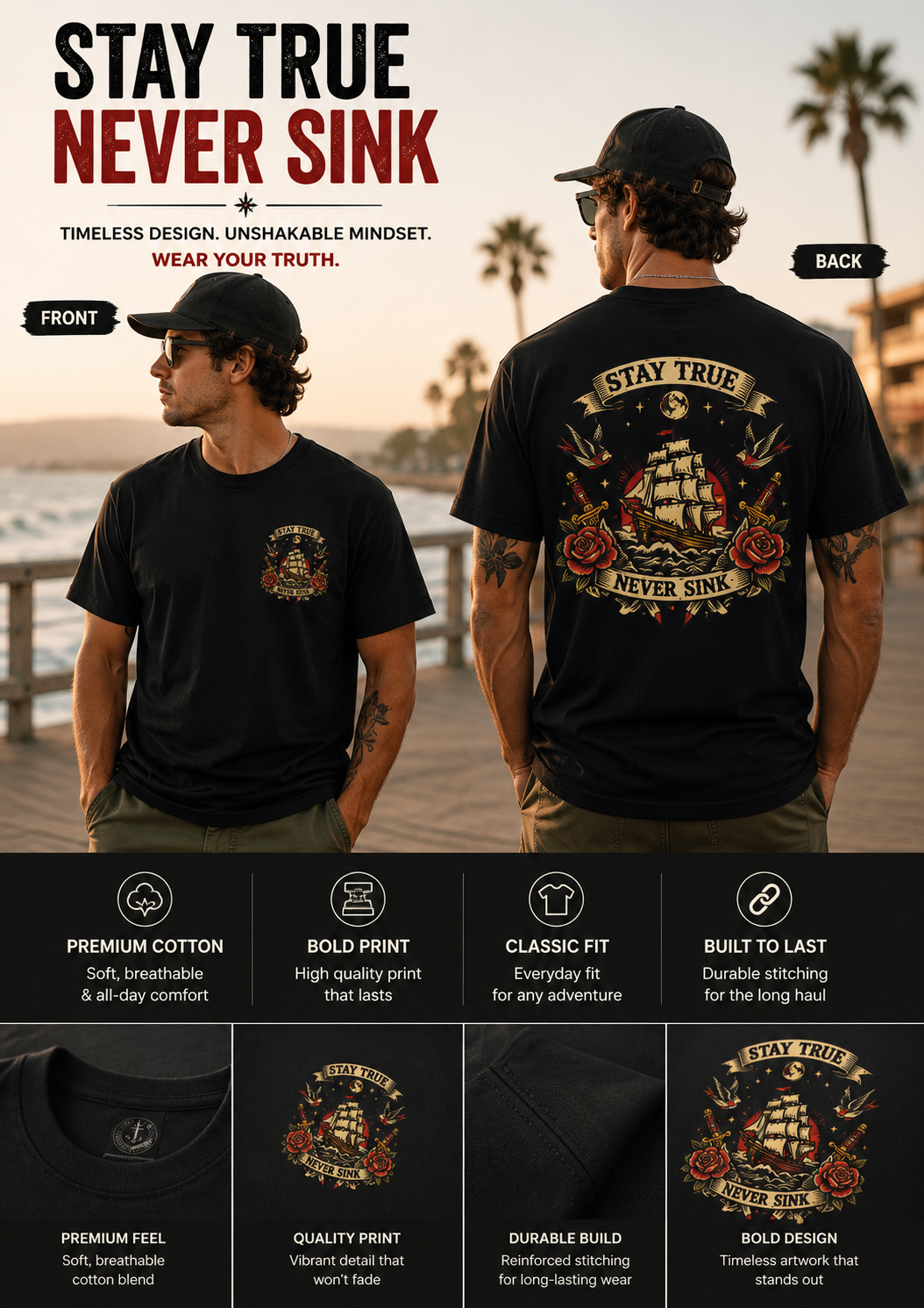 Stay True Never Sink T-Shirt — Vintage Sailboat Tattoo Graphic Tee