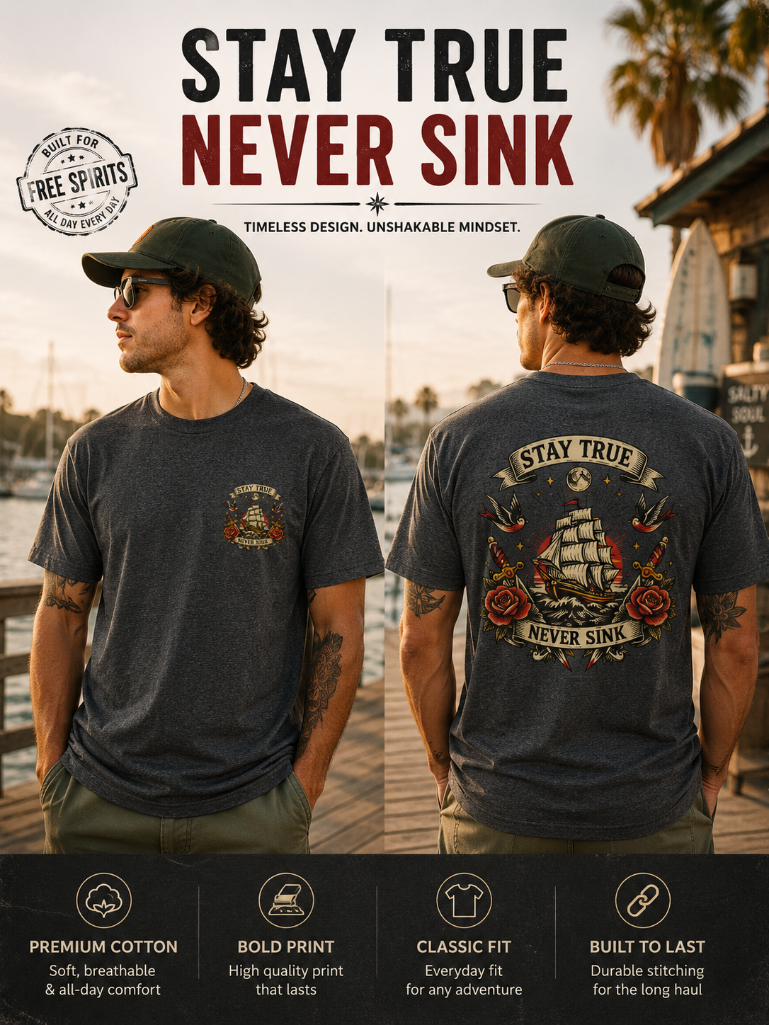 Stay True Never Sink T-Shirt — Vintage Sailboat Tattoo Graphic Tee