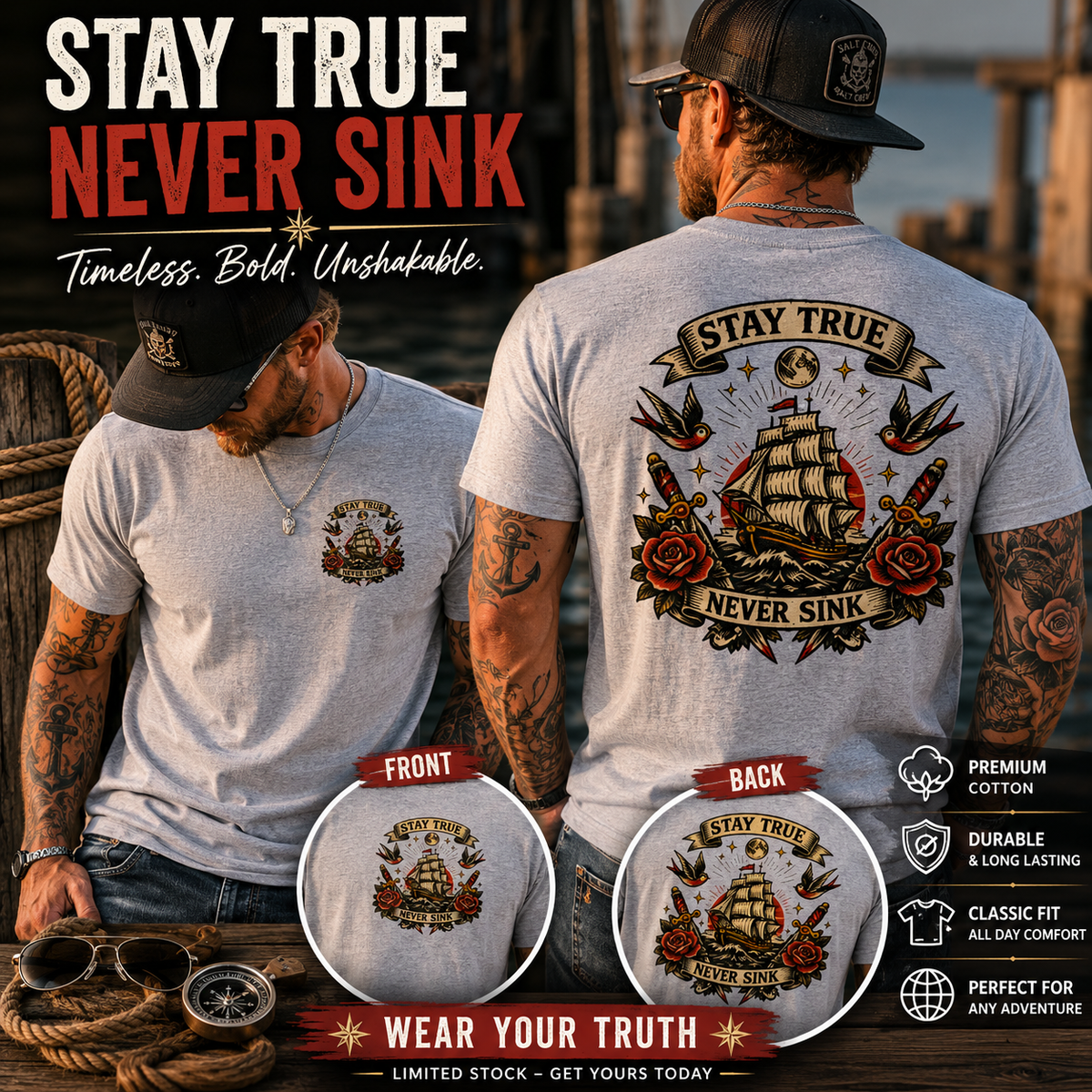 Stay True Never Sink T-Shirt — Vintage Sailboat Tattoo Graphic Tee