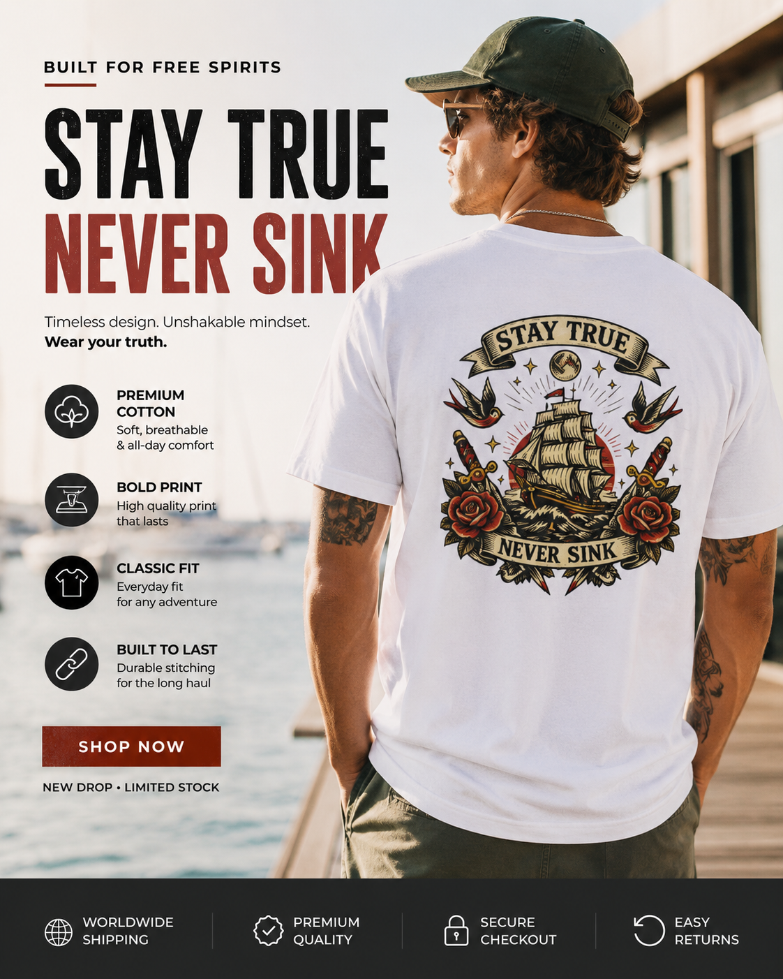 Stay True Never Sink T-Shirt — Vintage Sailboat Tattoo Graphic Tee