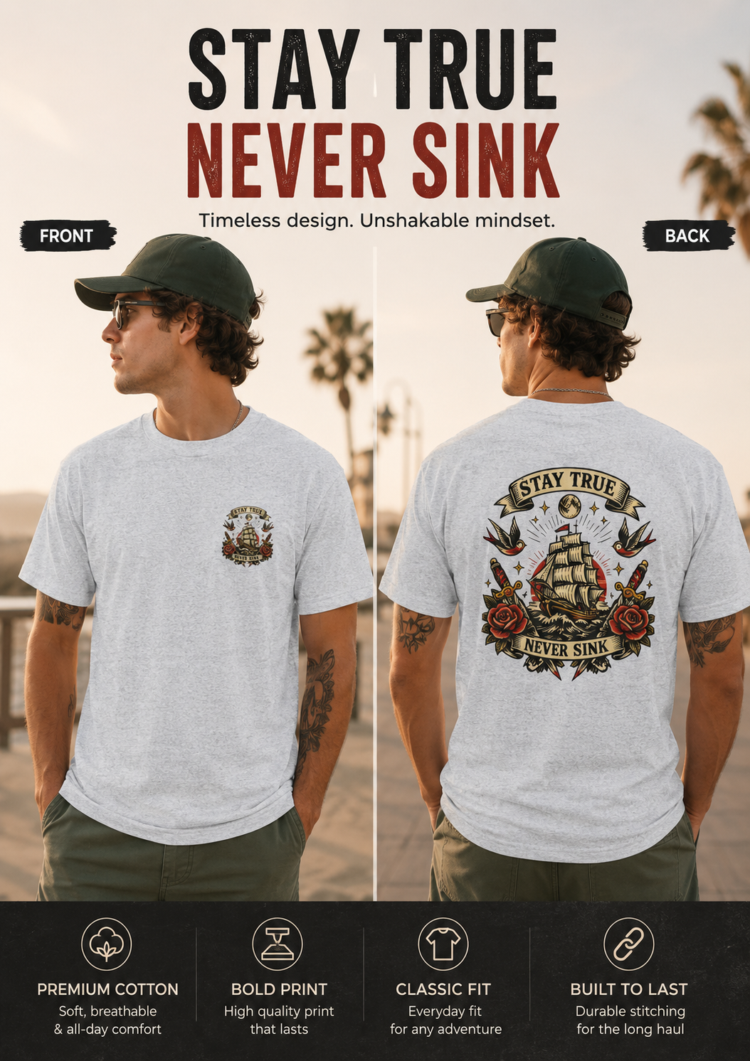 Stay True Never Sink T-Shirt — Vintage Sailboat Tattoo Graphic Tee
