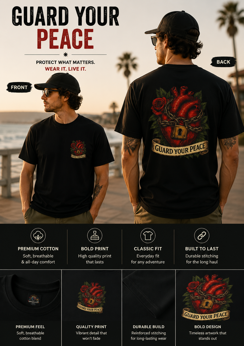 Guard Your Peace Heart graphic T-Shirt | anatomical heart, rose, lock