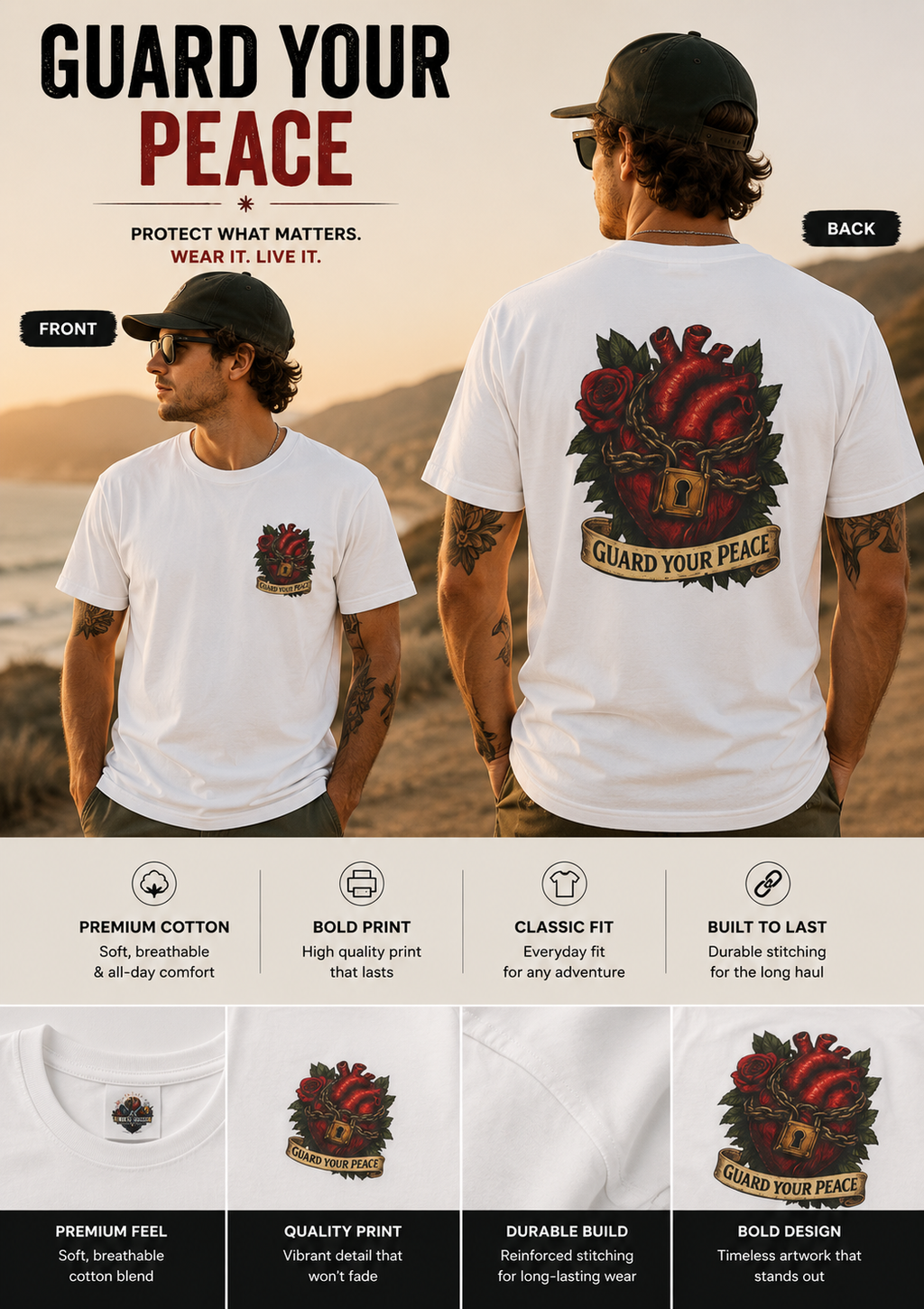 Guard Your Peace Heart graphic T-Shirt | anatomical heart, rose, lock