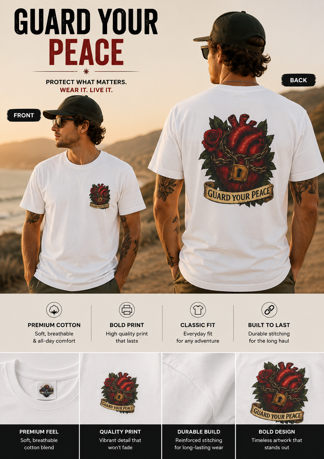 Guard Your Peace Heart graphic T-Shirt | anatomical heart, rose, lock