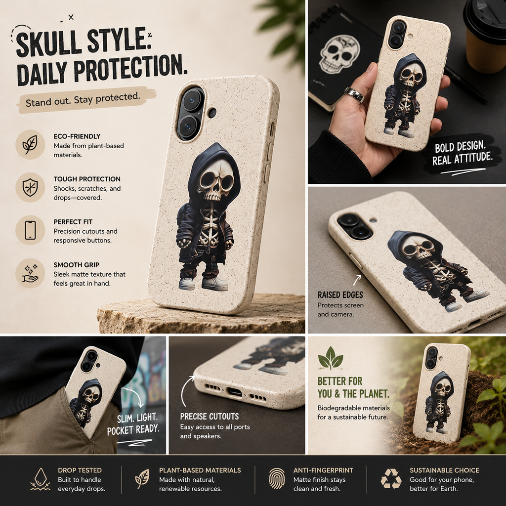 Skull Style Daily Protection Eco-Friendly Phone Case | Tough Shock-Resistant Biodegradable Cover