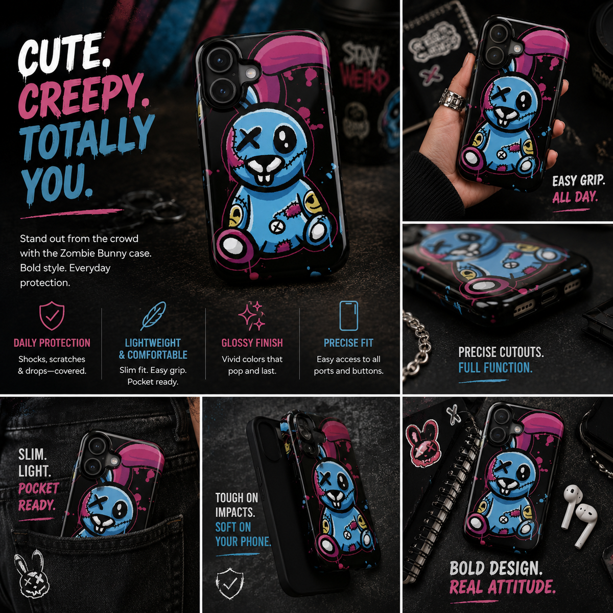 Zombie Bunny Phone Case Cute Goth Phone Case Graffiti Style iPhone Case Aesthetic Phone Case Cool Cartoon Case Gift For Him Her