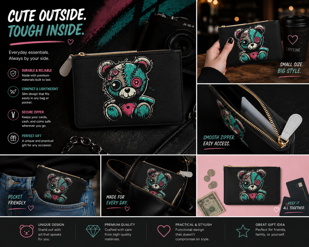 Cute Creepy Teddy Bear Clutch Bag Gothic Aesthetic Coin Purse Horror Cute Wallet Alternative Fashion Gift