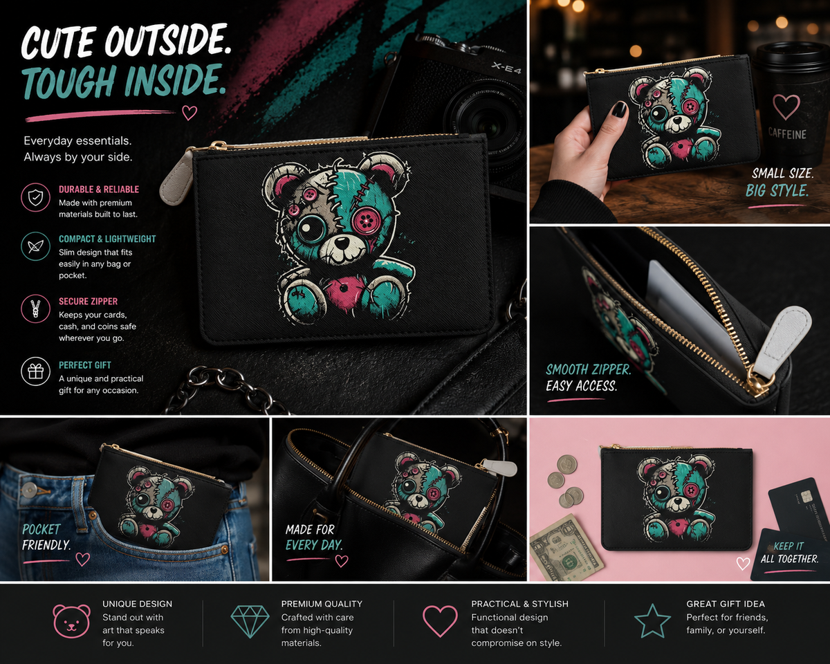 Cute Creepy Teddy Bear Clutch Bag Gothic Aesthetic Coin Purse Horror Cute Wallet Alternative Fashion Gift
