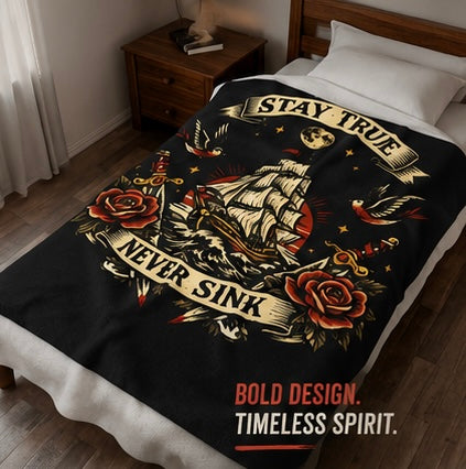 Velveteen Plush Blanket — "Stay True Never Sink" Nautical Ship & Rose Throw