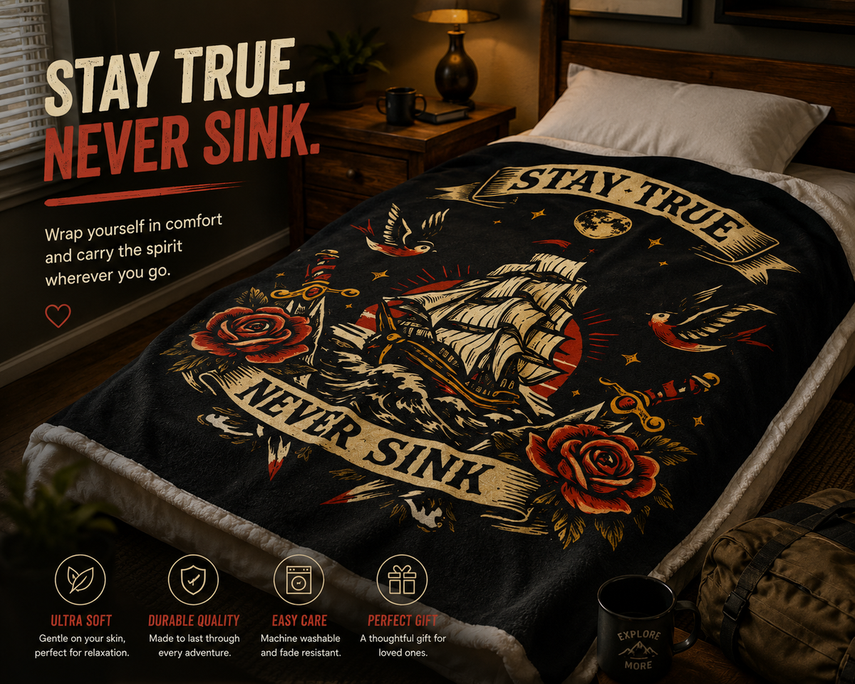 Velveteen Plush Blanket — "Stay True Never Sink" Nautical Ship & Rose Throw