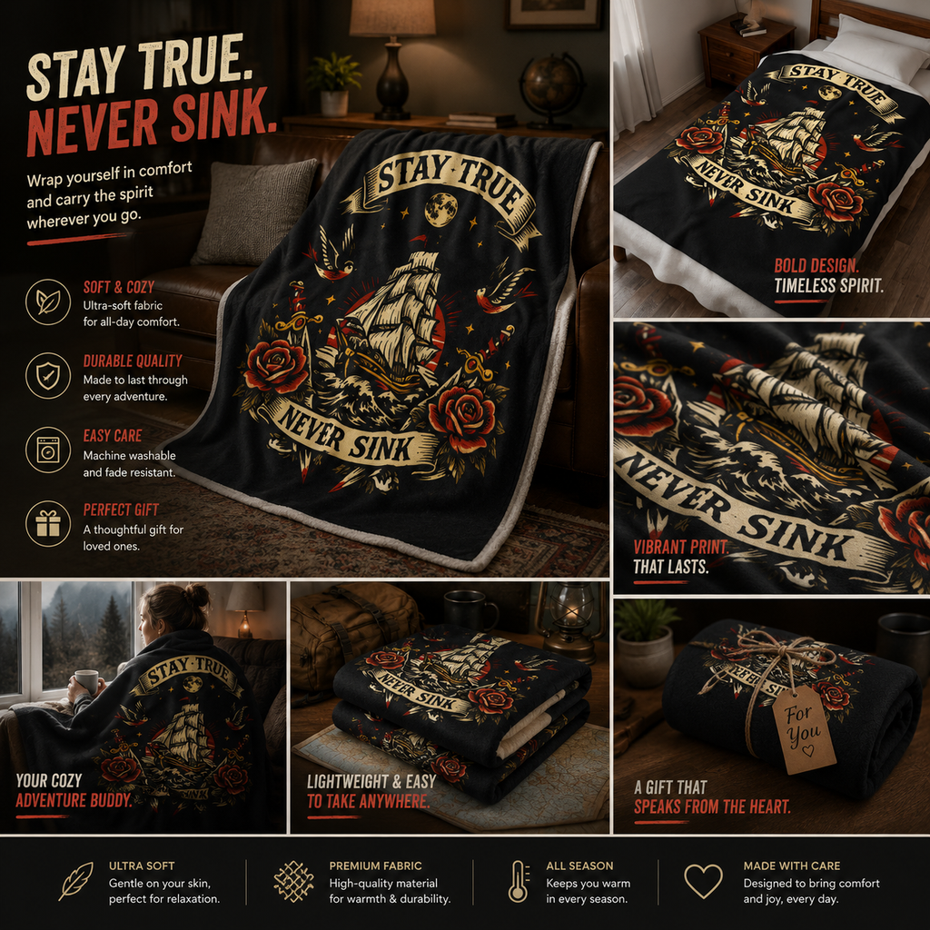 Velveteen Plush Blanket — "Stay True Never Sink" Nautical Ship & Rose Throw