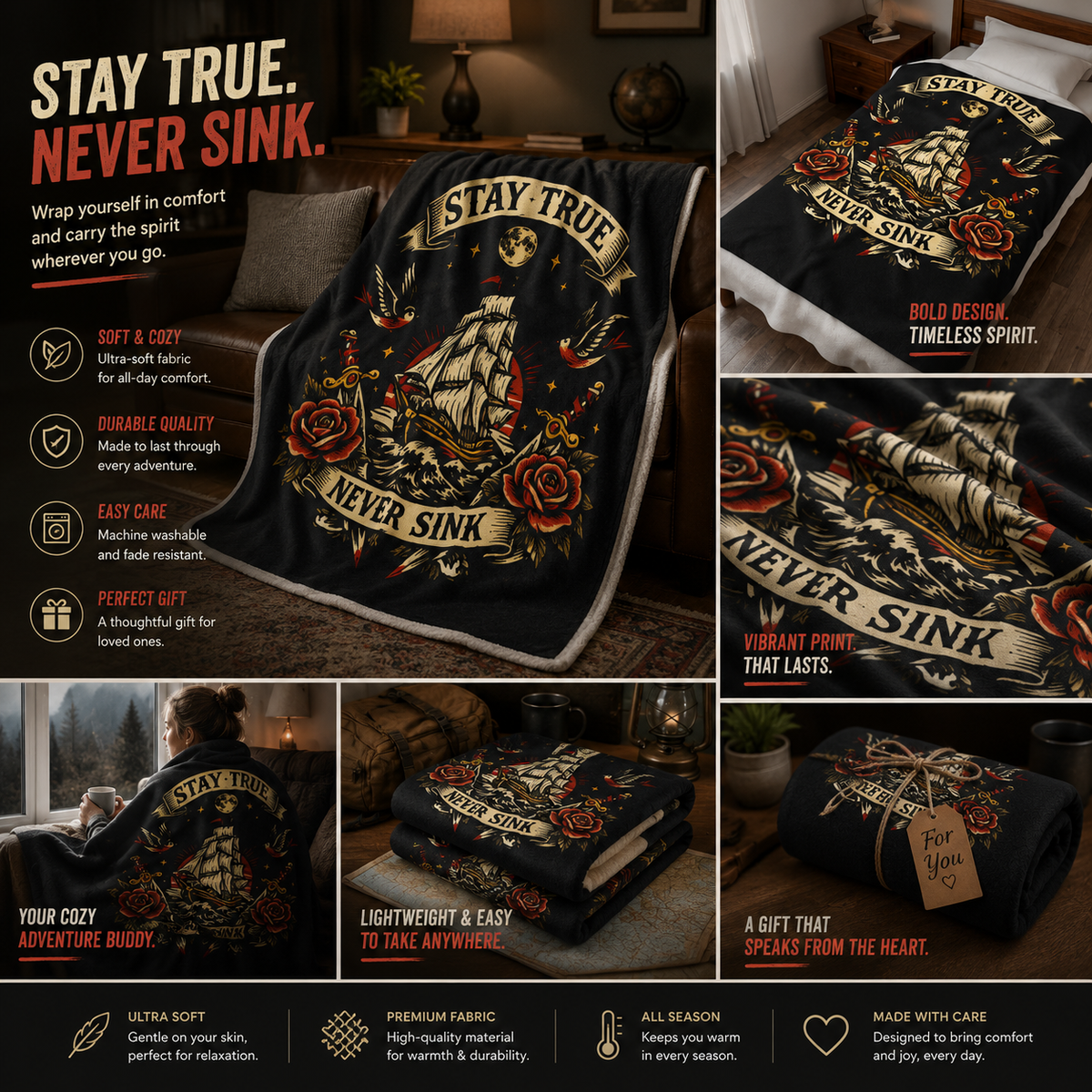 Velveteen Plush Blanket — "Stay True Never Sink" Nautical Ship & Rose Throw