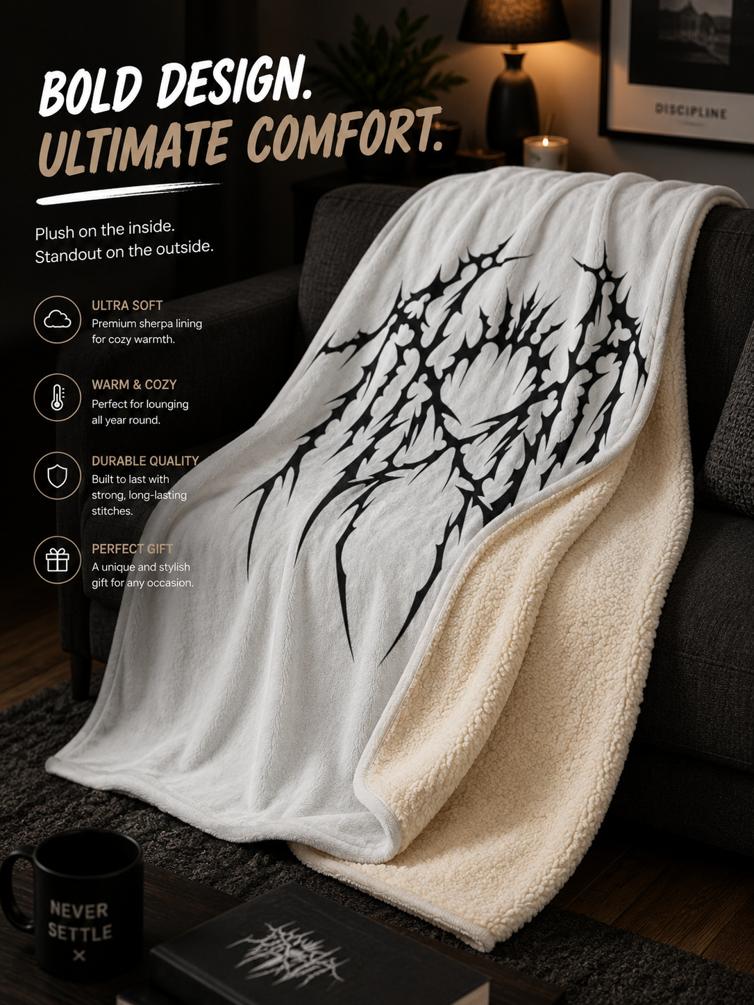 Gothic Thorn Sherpa Blanket | Sleep Token Band Black & White Abstract Fleece Throw