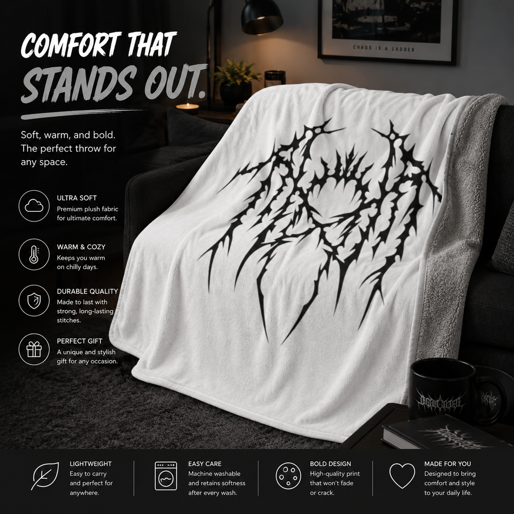 Gothic Thorn Sherpa Blanket | Sleep Token Band Black & White Abstract Fleece Throw