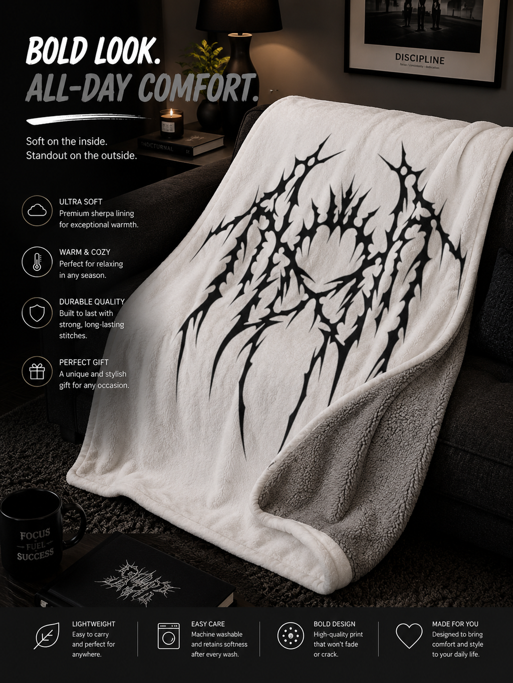 Gothic Thorn Sherpa Blanket | Sleep Token Band Black & White Abstract Fleece Throw