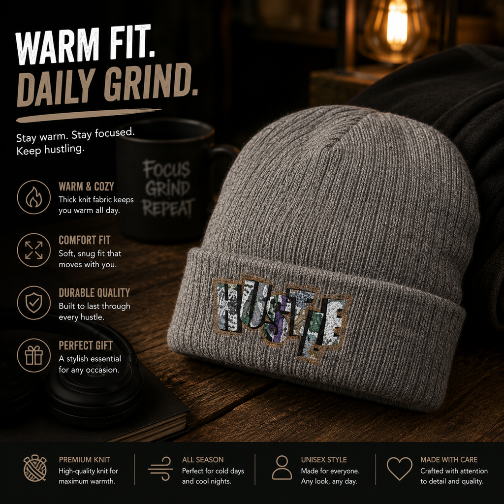 Hustle Beanie Embroidered Knit Hat Streetwear Winter Hat Motivational Beanie Hustle Mindset Cap