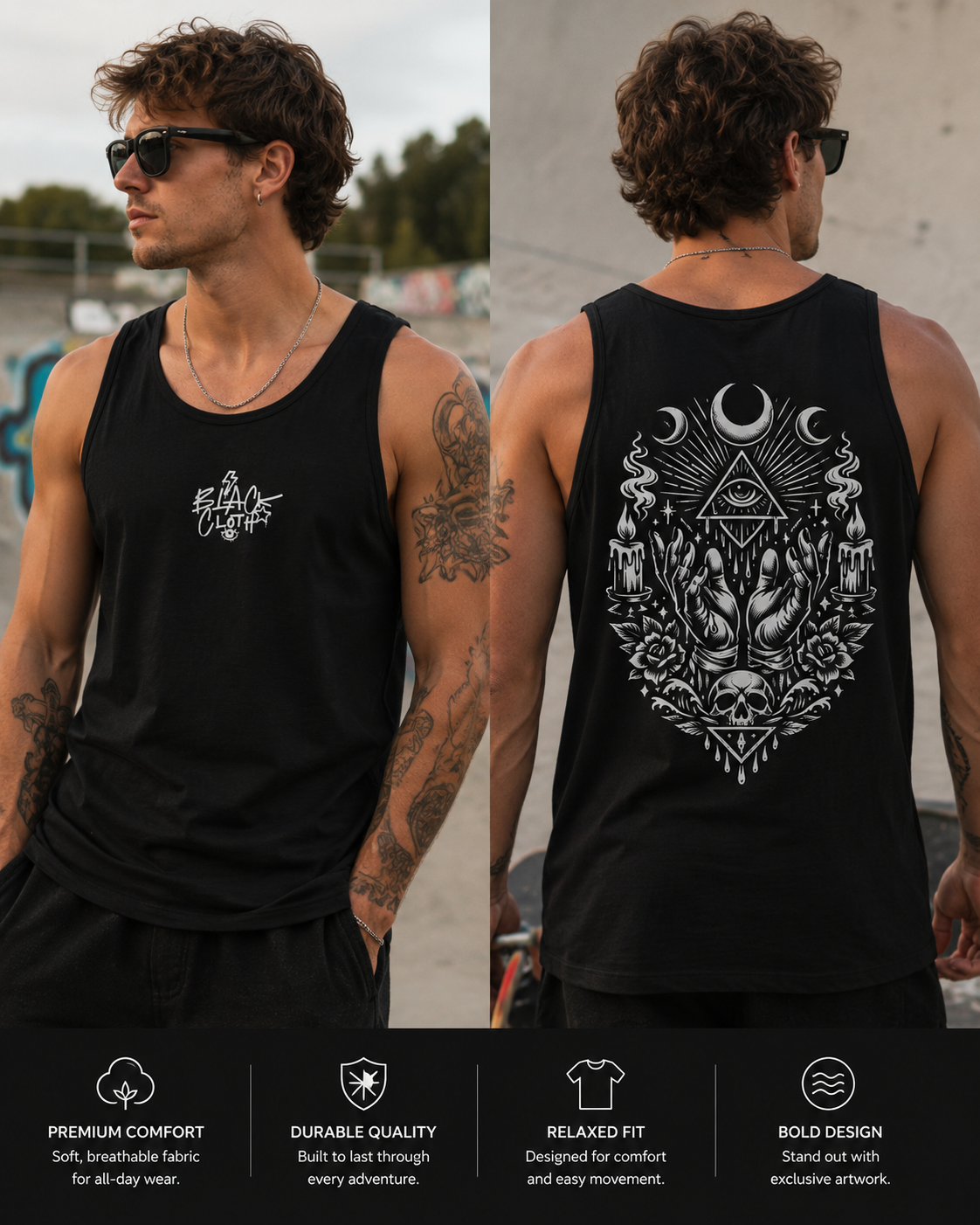 Black Cloth  Skull Floral Tank — Mystic Moon Witchy Graphic Tank Top