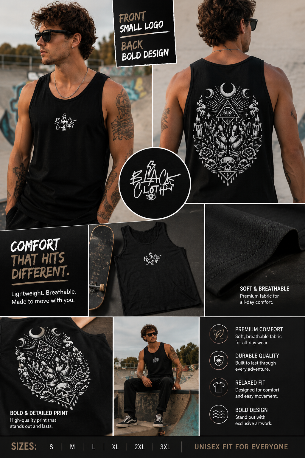 Black Cloth  Skull Floral Tank — Mystic Moon Witchy Graphic Tank Top