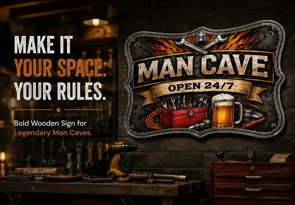 Man Cave Open 24/7 Wooden Sign | Rustic Garage & Workshop Wall Decor