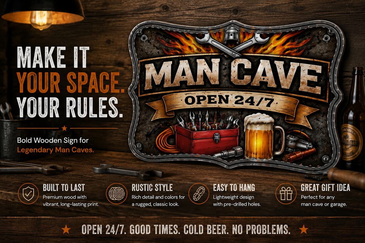 Man Cave Open 24/7 Wooden Sign | Rustic Garage & Workshop Wall Decor