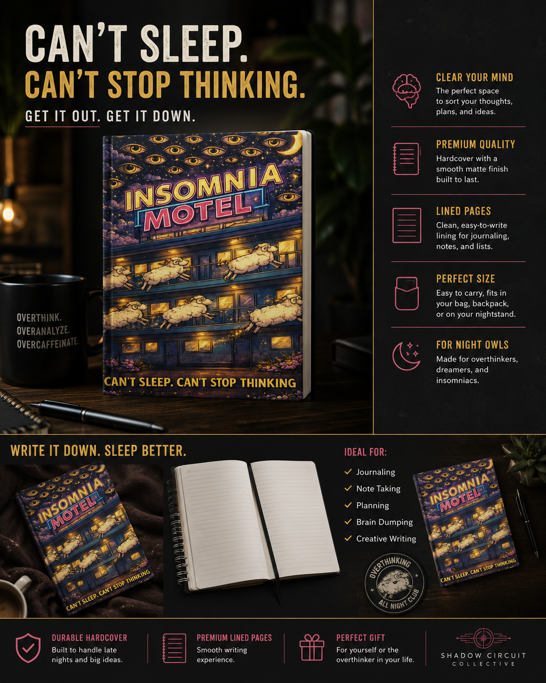 Insomnia Motel Journal Hardcover Notebook, Sleep Anxiety Illustration