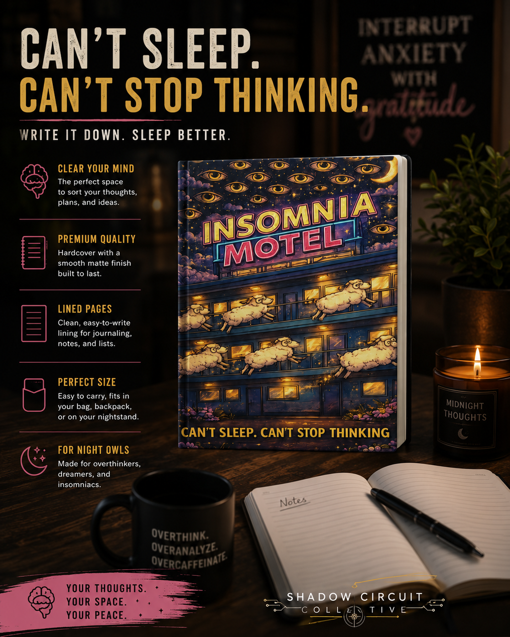 Insomnia Motel Journal Hardcover Notebook, Sleep Anxiety Illustration
