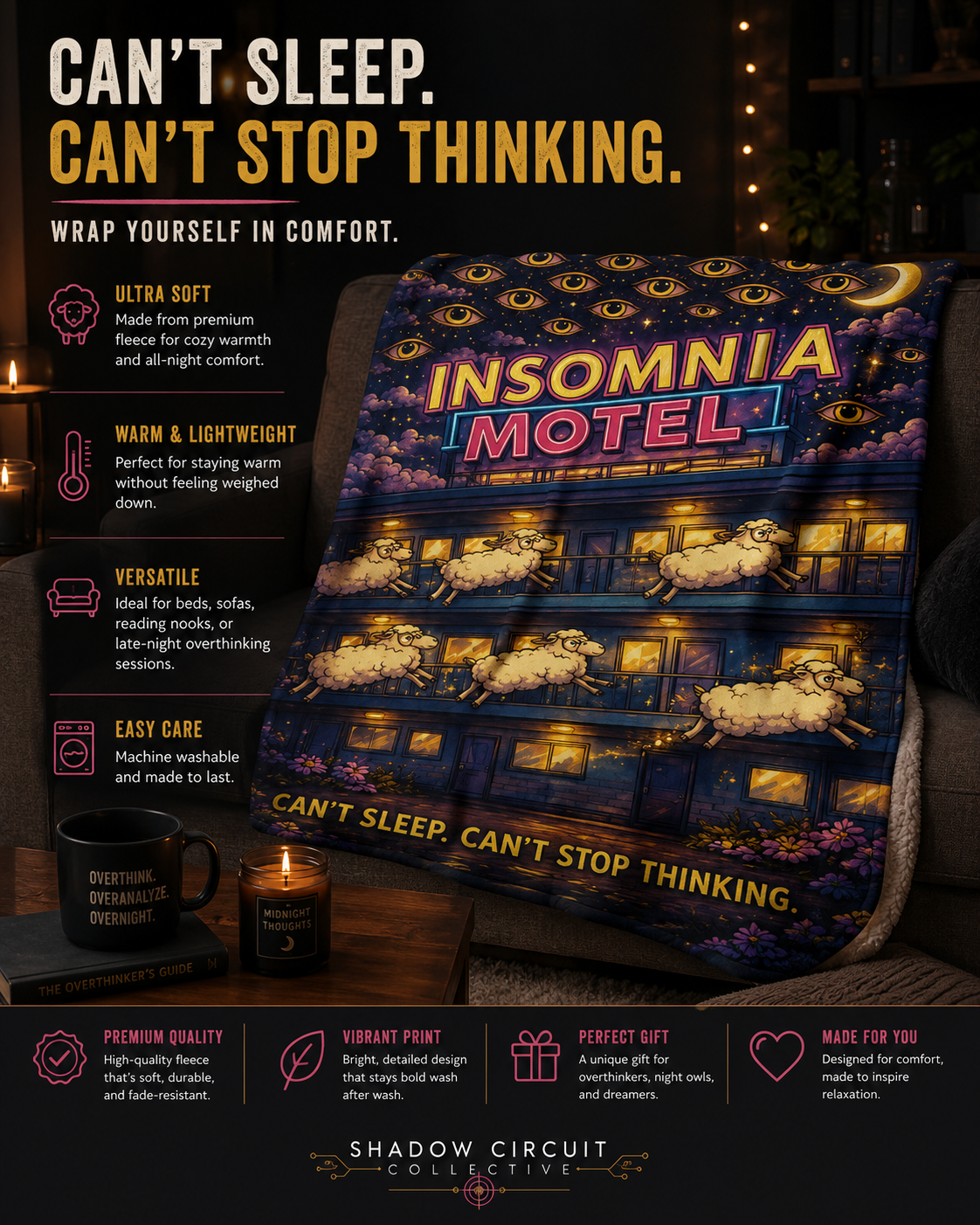 Insomnia Motel sheep pattern Fleece Sherpa Blanket | can't sleep can't stop thinking