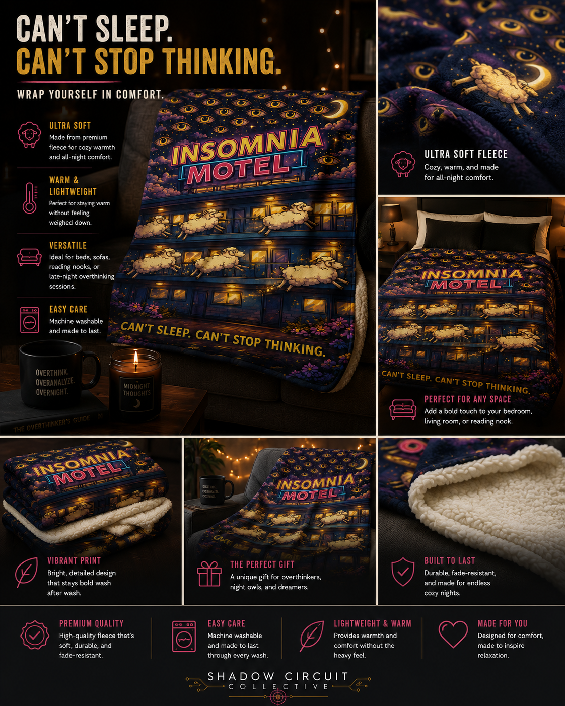 Insomnia Motel sheep pattern Fleece Sherpa Blanket | can't sleep can't stop thinking
