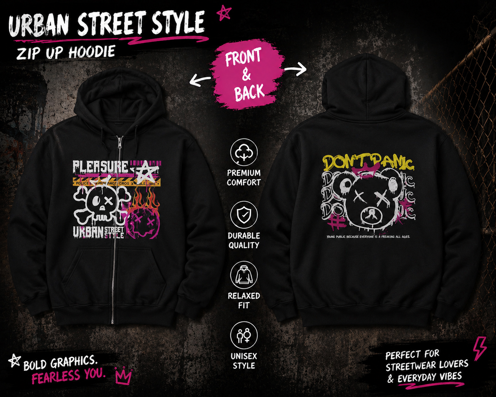 Don’t Panic Urban Street Style Zip-Up Hoodie | Graphic Streetwear Jacket