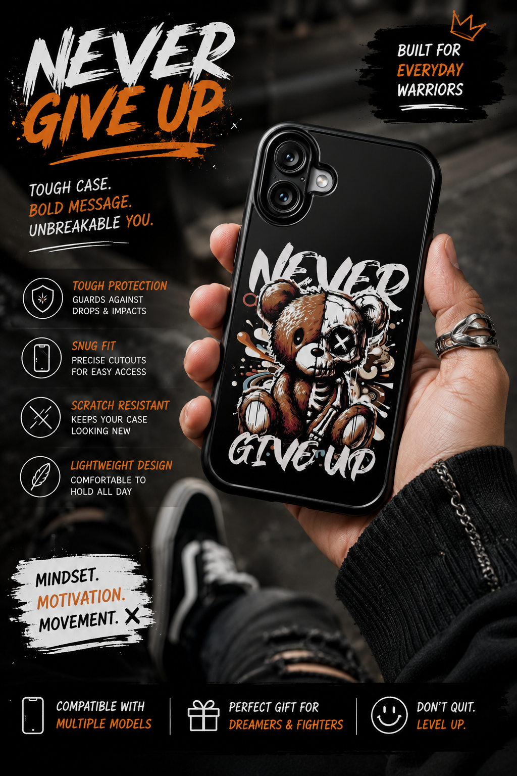 Never Give Up Tough Phone Case | Motivational Bear Graphic Case