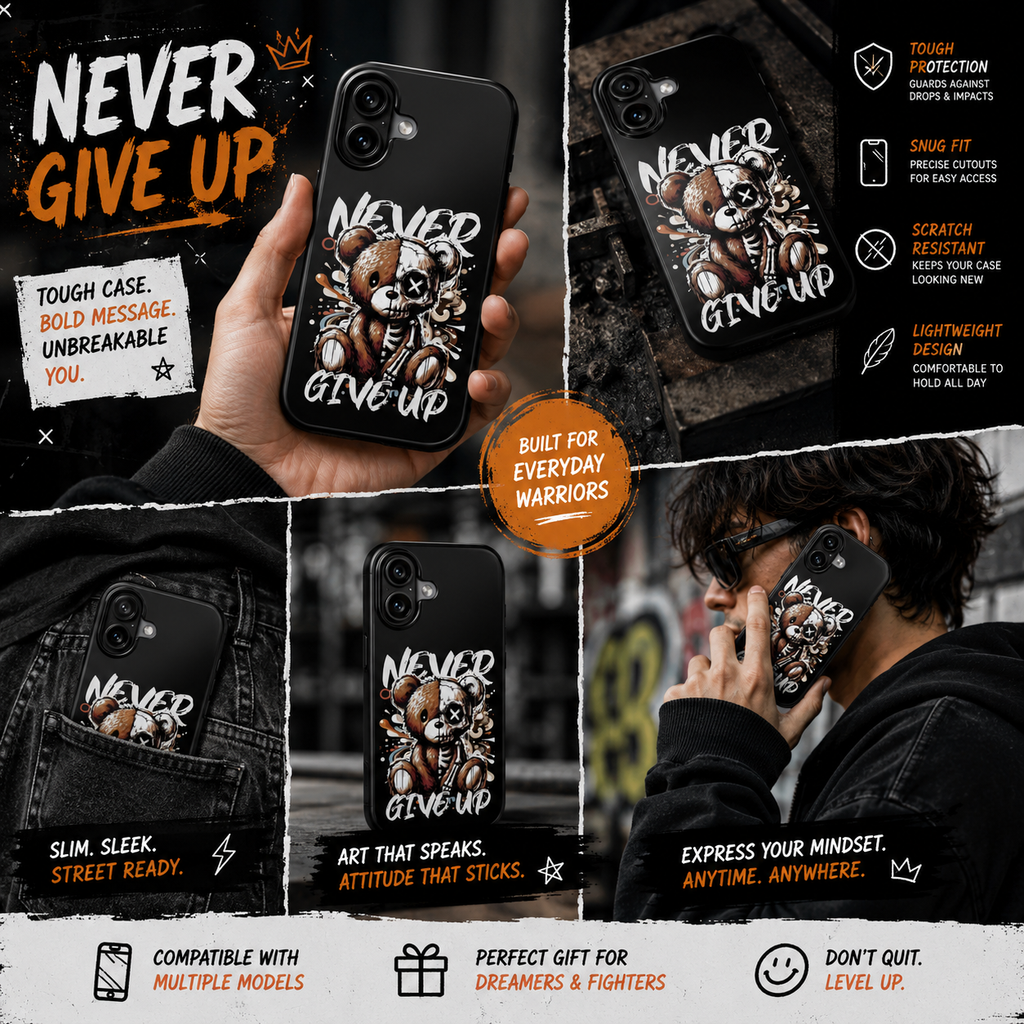 Never Give Up Tough Phone Case | Motivational Bear Graphic Case