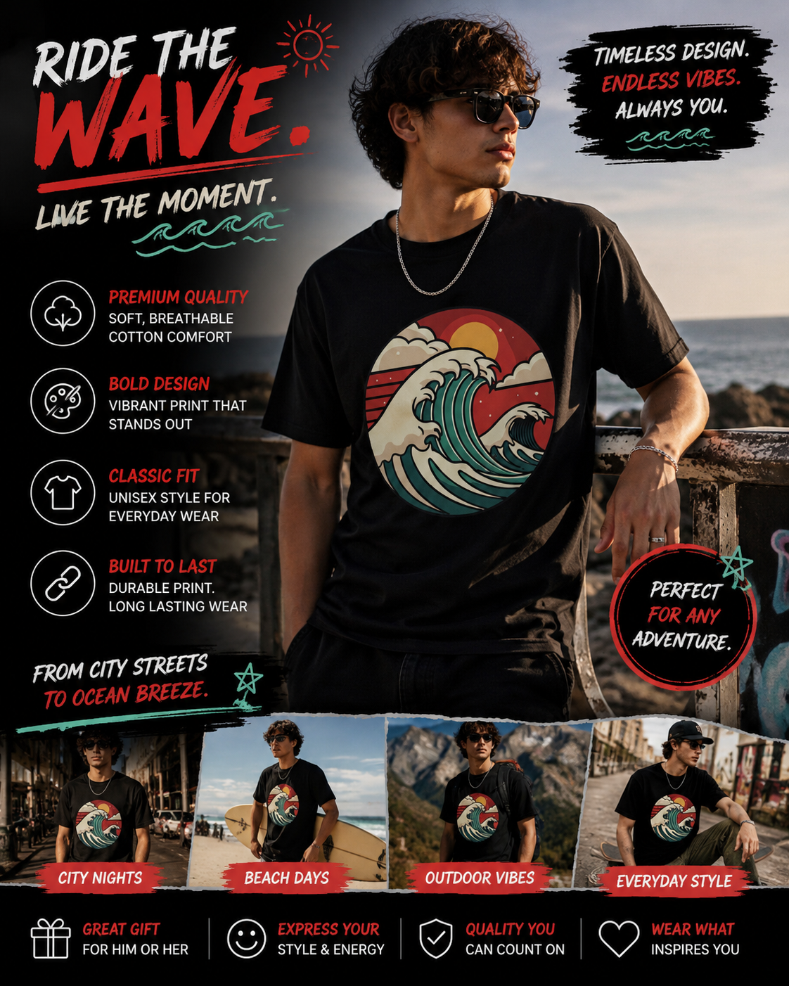 Ride The Wave Graphic T-Shirt | Coastal Retro Ocean Tee